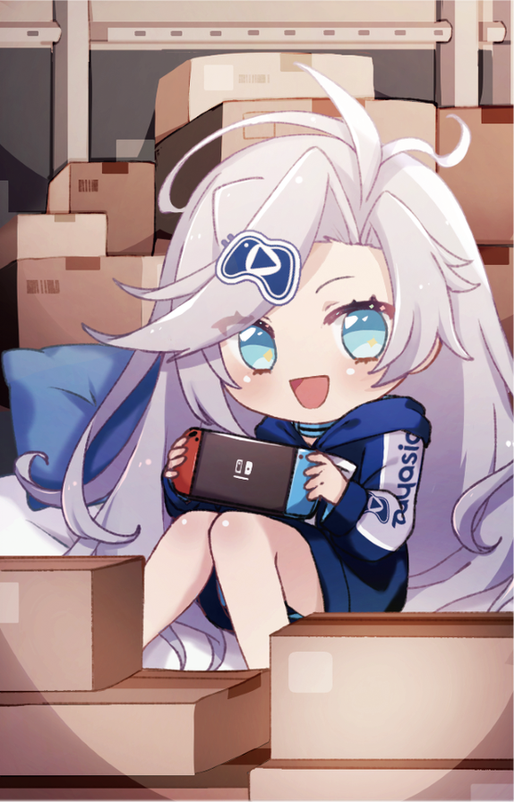 1girl, artist_request, blue_eyes, blue_hoodie, box, cardboard_box, chibi, copyright_name