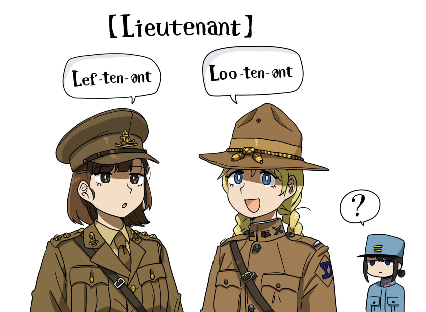 3girls, ?, america, anyan_(jooho), army, blonde_hair, british, brown_hair