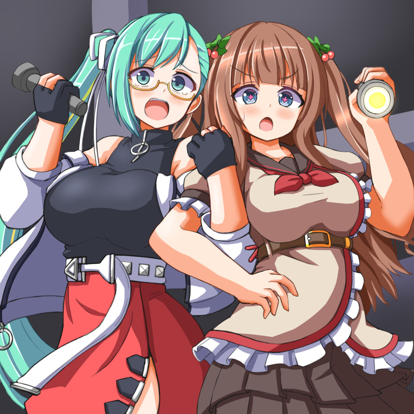 .live, 2girls, alternate_costume, belt, breasts, brown_hair, commentary_request, flashlight, glasses, gloves, green_hair, highres, jacket, kagura_suzu_(.live), kakyouin_chieri, large_breasts, looking_at_viewer, multiple_girls, open_mouth, scared, shizukanahoshi, side_ponytail, simple_background, tears, virtual_youtuber