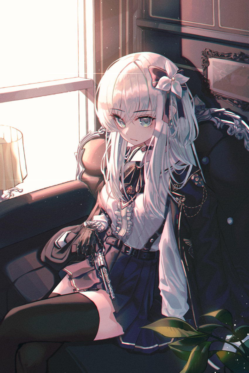 1girl, absurdres, belt, black_gloves, black_legwear, black_neckwear, blue_eyes, blue_jacket
