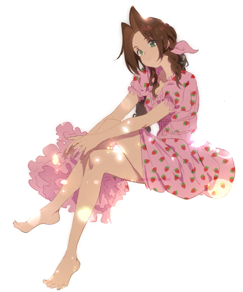 1girl, aerith_gainsborough, backlighting, bare_legs, barefoot, bow, braid, braided_ponytail