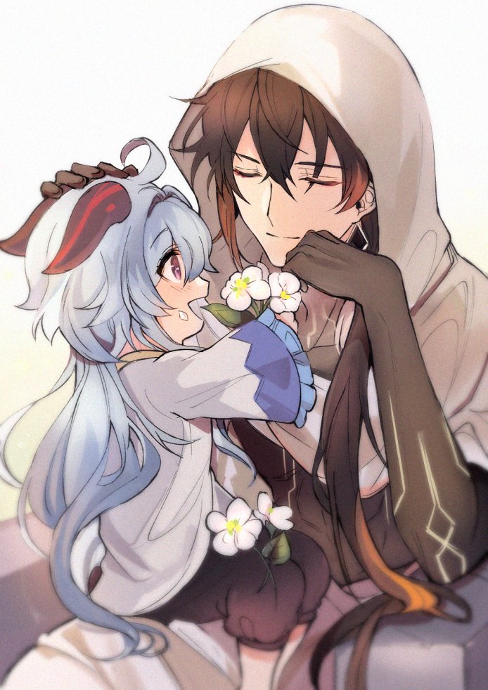 1boy, 1girl, ahoge, alternate_costume, arm_tattoo, bangs, black_hair, blue_hair