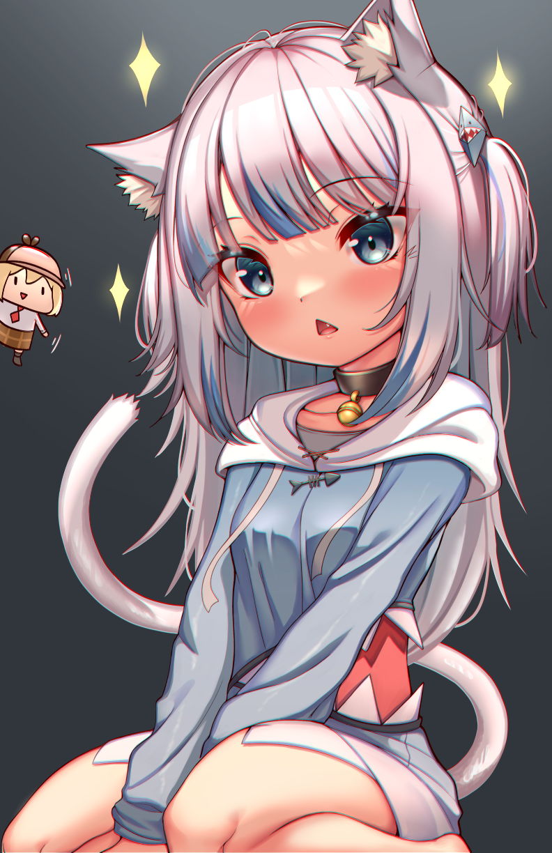 2girls, alternate_tail, animal_ear_fluff, animal_ears, bangs, bell, bell_collar, between_legs, black_background, black_collar, blue_eyes, blue_hair, blunt_bangs, blush, cat_ears, cat_tail, chromatic_aberration, collar, commentary, english_commentary, eyebrows_visible_through_hair, fang, gawr_gura, hair_ornament, hairclip, hand_between_legs, highres, hololive, hololive_english, hood, hood_down, hoodie, jingle_bell, kaptivate, kemonomimi_mode, long_hair, long_sleeves, looking_at_viewer, multicolored_hair, multiple_girls, open_mouth, shark_hair_ornament, silver_hair, simple_background, sitting, solo_focus, sparkle, streaked_hair, tail, triangle_mouth, two-tone_hair, two_side_up, v_arms, virtual_youtuber, walfie_(style)
