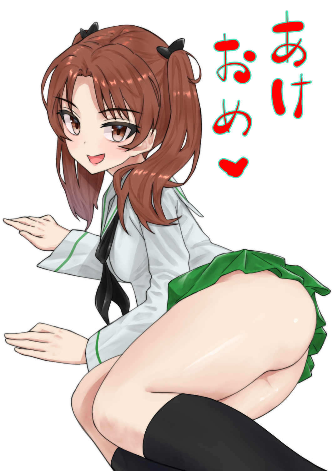 1girl, akeome, ass, bangs, black_bow, black_legwear, black_neckwear, blouse