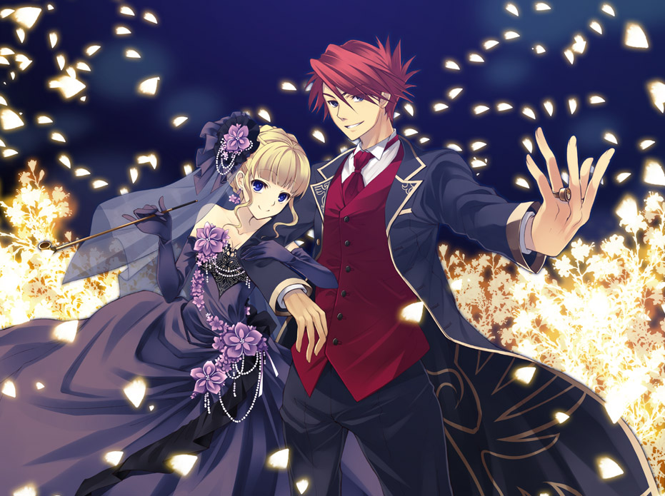 1girl, beatrice, blonde_hair, blue_eyes, breasts, cleavage, couple, dress