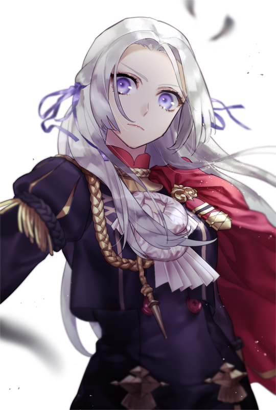 1girl, black_jacket, capelet, closed_mouth, edelgard_von_hresvelg, fire_emblem, fire_emblem:_three_houses, floating_hair, frown, garreg_mach_monastery_uniform, hair_ribbon, jacket, long_hair, looking_at_viewer, motion_blur, nakapipo, petals, purple_ribbon, red_capelet, ribbon, silver_hair, solo, upper_body, very_long_hair, violet_eyes, white_background