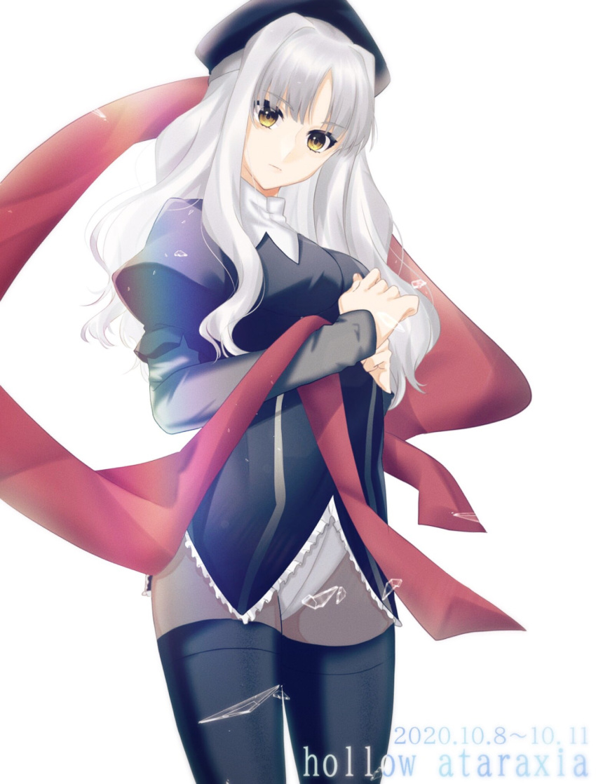 1girl, 2020, black_headwear, black_jacket, black_legwear, caren_hortensia, copyright_name, dated