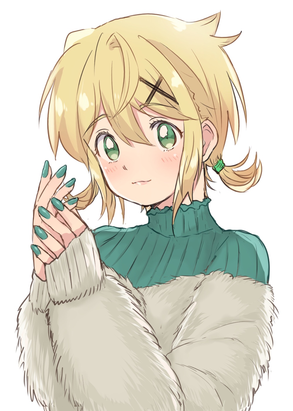 1girl, akatsuki_kirika, bangs, blonde_hair, blush, closed_mouth, eyebrows_visible_through_hair, green_eyes