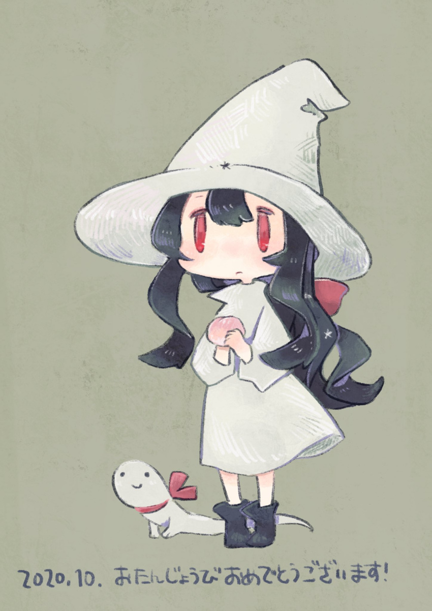 1girl, black_footwear, black_hair, borrowed_character, brown_background, creature, dated, dress