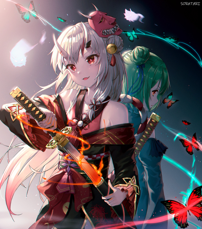 2girls, aqua_hair, artist_name, back-to-back, backlighting, bangs, bare_shoulders, bell