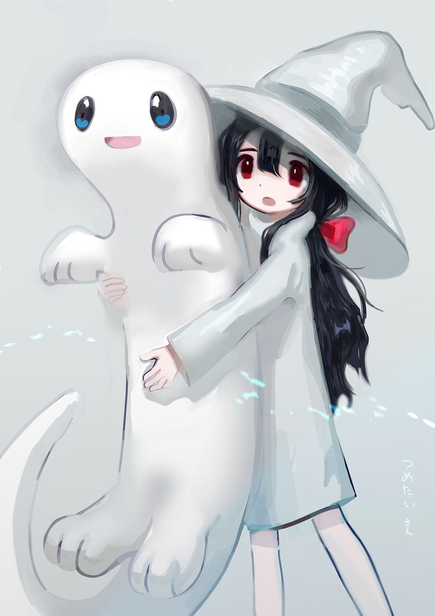 1girl, 90_5lb, animal, bangs, black_hair, borrowed_character, bow, creature