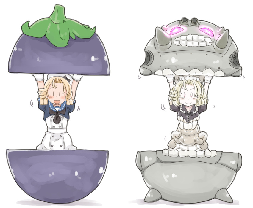 2girls, =d, abyssal_ship, anzio_princess, blonde_hair, commentary_request, dress, eggplant