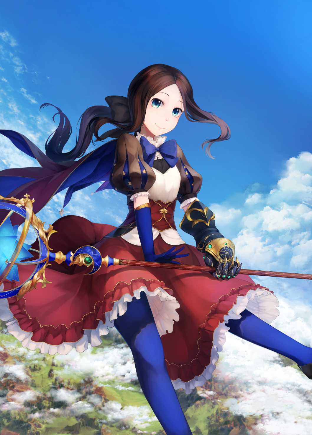 1girl, bangs, black_bow, blue_bow, blue_eyes, blue_gloves, blue_legwear, bow