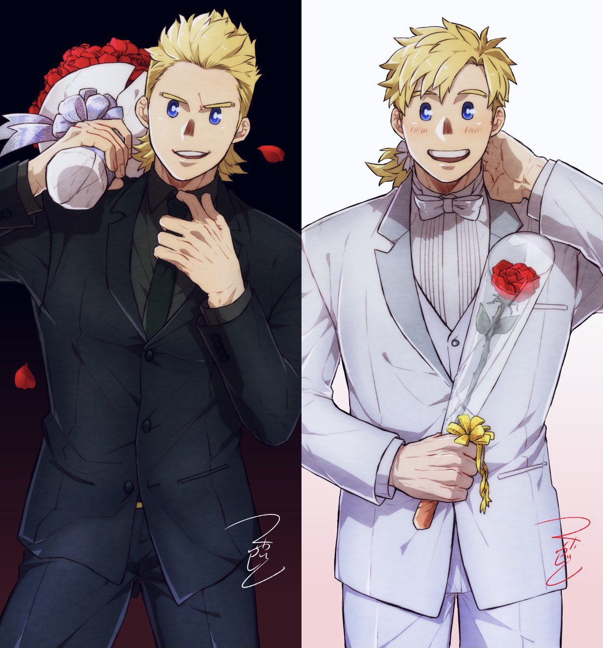 1boy, alternate_costume, black_pants, black_suit, blonde_hair, blue_eyes, boku_no_hero_academia, bouquet