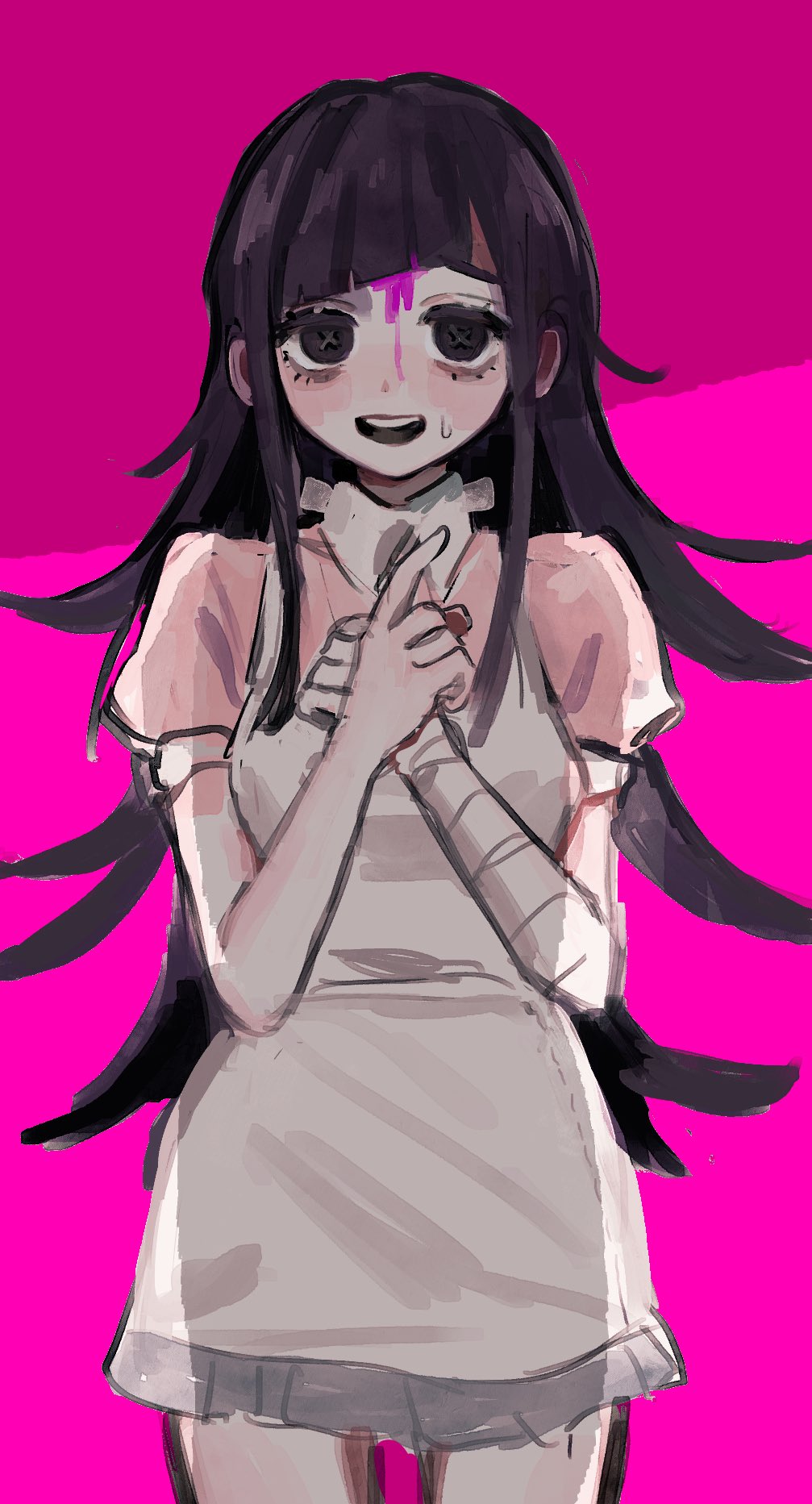 1girl, :d, apron, bandaged_arm, bandages, bangs, black_eyes, black_hair, blood, blood_on_face, blush, breasts, collared_shirt, cowboy_shot, dangan_ronpa_(series), dangan_ronpa_2:_goodbye_despair, hands_up, highres, hoge_(n8sss), long_hair, looking_at_viewer, nurse, open_mouth, pink_background, pink_shirt, puffy_short_sleeves, puffy_sleeves, shirt, short_sleeves, sketch, skirt, small_breasts, smile, solo, sweatdrop, tsumiki_mikan, upper_teeth