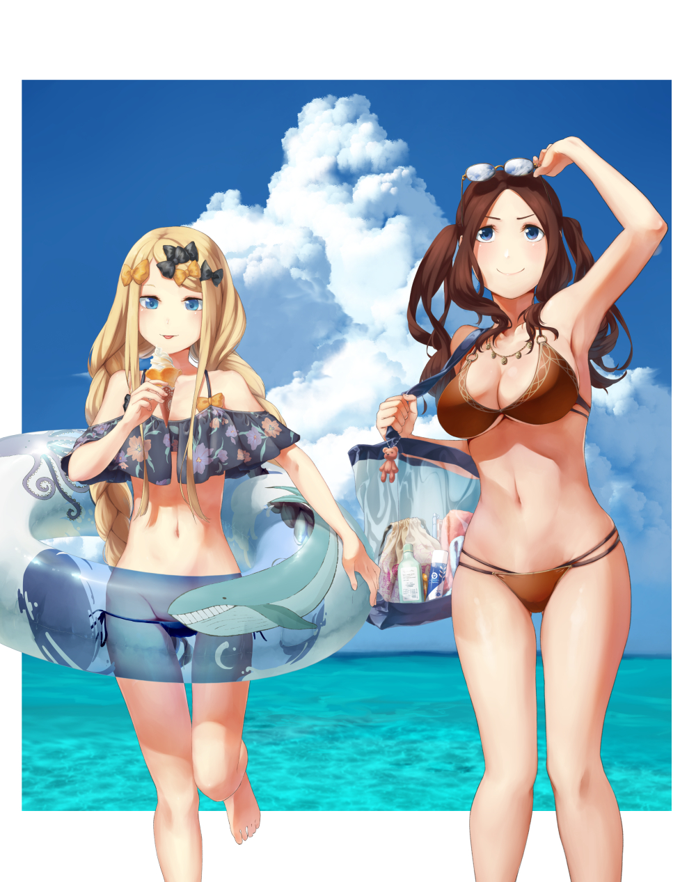 2girls, abigail_williams_(fate), alternate_hairstyle, bag, bikini, black_bow, blonde_hair, blue_eyes