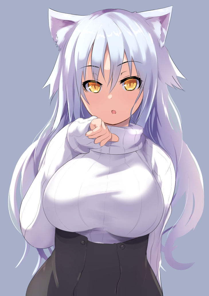 1girl, :o, animal_ears, arm_behind_back, cat_ears, eyebrows_visible_through_hair, grey_background, high-waist_skirt