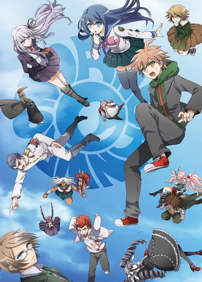 6+boys, 6+girls, ahoge, asahina_aoi, backpack, bag, black_coat, black_dress, black_hair, black_jacket, black_pants, black_ribbon, blue_eyes, blue_hair, boots, braid, breasts, brown_hair, brown_skirt, celestia_ludenberg, coat, collared_shirt, commentary_request, cosplay, dangan_ronpa:_trigger_happy_havoc, dangan_ronpa_(series), dress, drill_hair, enoshima_junko, enoshima_junko_(cosplay), everyone, falling, fat, fat_man, frilled_dress, frills, fujisaki_chihiro, fukawa_touko, glasses, green_hoodie, green_shirt, hagakure_yasuhiro, hair_ornament, hairclip, hood, hoodie, ikusaba_mukuro, ishimaru_kiyotaka, jacket, kirigiri_kyouko, kuwata_leon, large_breasts, long_hair, long_sleeves, looking_at_viewer, maizono_sayaka, multiple_boys, multiple_girls, muscular, muscular_female, naegi_makoto, neck_ribbon, necktie, oogami_sakura, oowada_mondo, open_clothes, open_jacket, open_mouth, otoko_no_ko, pants, pink_hair, pleated_skirt, pompadour, ponytail, print_shirt, purple_hair, ribbon, sailor_collar, school_uniform, shirt, shoes, short_hair, skirt, suzuka_(rekkyo), thigh-highs, togami_byakuya, twin_drills, twintails, violet_eyes, white_jacket, yamada_hifumi