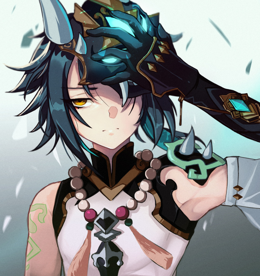1boy, arm_guards, arm_tattoo, bangs, bare_shoulders, bead_necklace, beads, black_hair