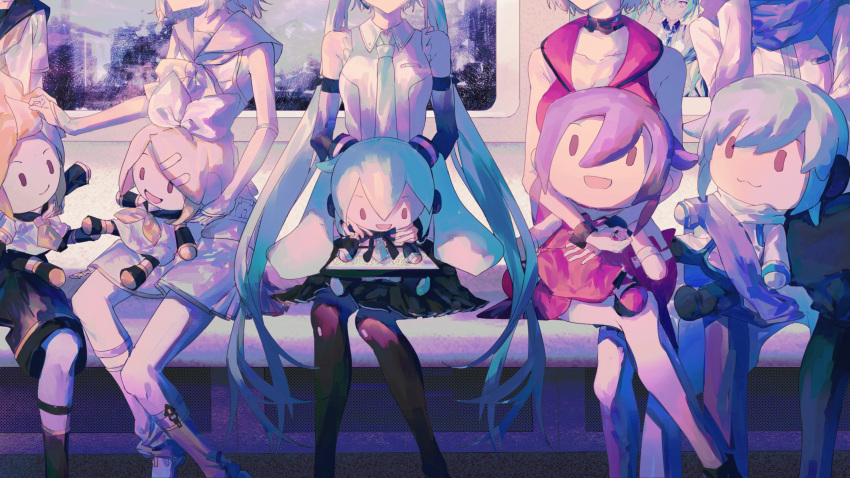 2boys, 3girls, :3, absurdres, aqua_hair, aqua_neckwear, arm_warmers, bangs