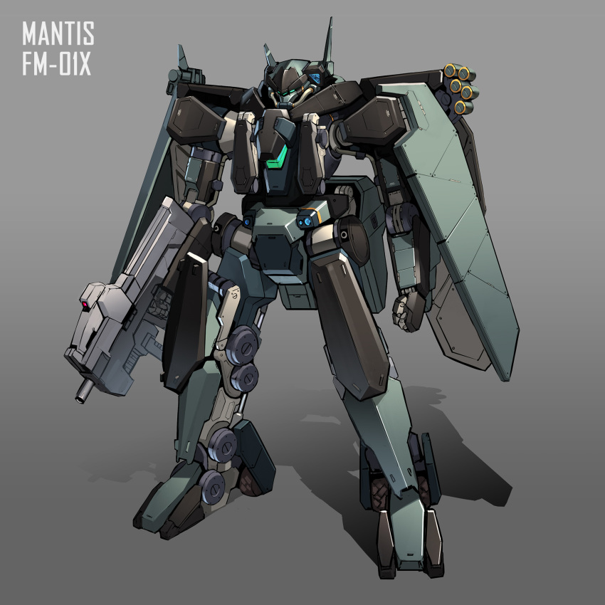 blue_eyes, character_name, clenched_hand, english_commentary, gradient, gradient_background, gun, highres, holding, holding_gun, holding_weapon, kadej, mecha, no_humans, original, science_fiction, solo, standing, weapon