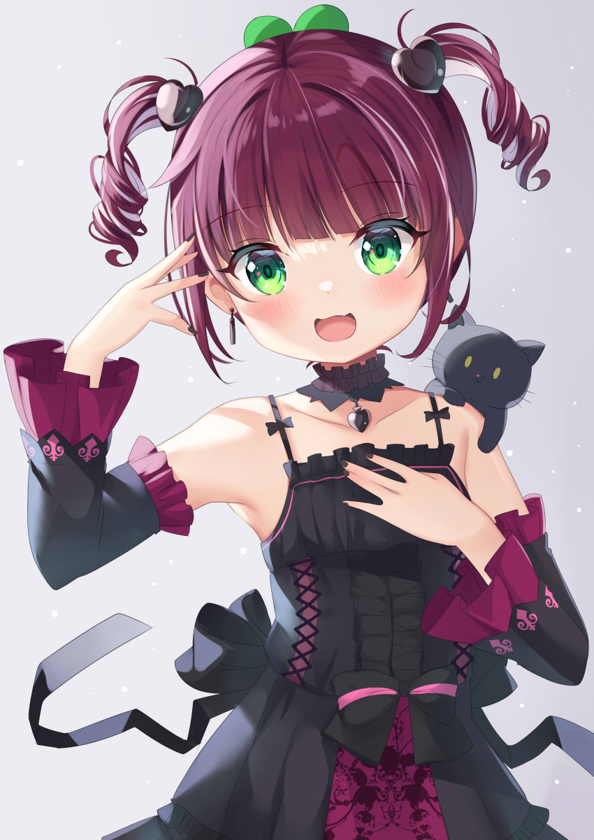 1girl, :d, absurdres, animal_on_shoulder, bangs, bare_shoulders, black_cat, black_dress