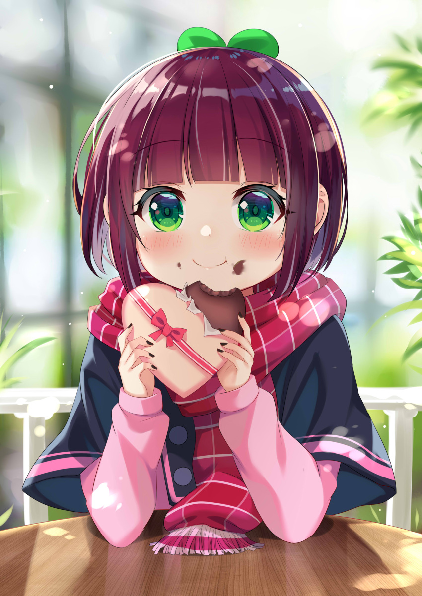 1girl, absurdres, bangs, black_capelet, black_nails, blunt_bangs, blurry, blurry_background