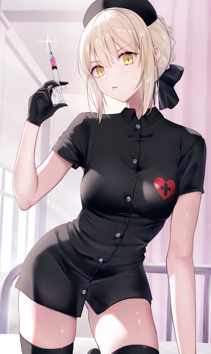1girl, artoria_pendragon_(all), bed, bed_frame, black_bow, black_dress, black_gloves, black_legwear