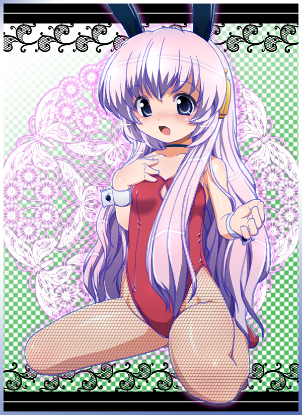 blue_eyes, bunny_ears, bunnysuit, choker, fishnet_pantyhose, fishnets, flat_chest, kneeling