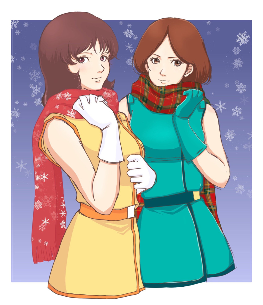 2girls, belt, black_hair, blue_background, blush, breasts, brown_eyes, brown_hair