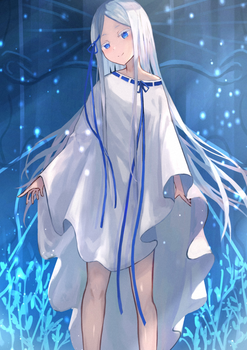 1girl, bangs, blue_eyes, blue_ribbon, closed_mouth, dress, forehead, hair_ribbon