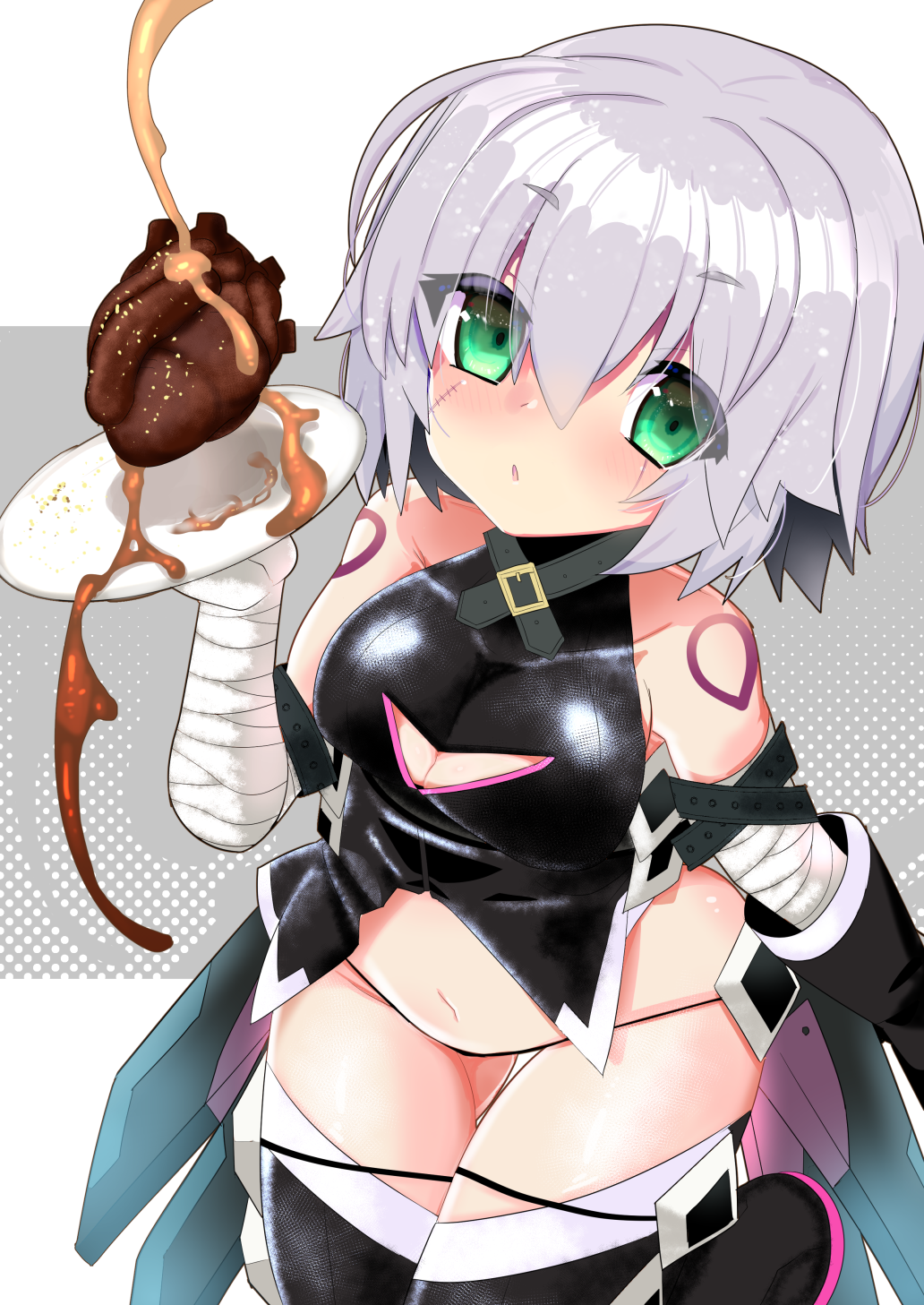 1girl, arm_belt, bandaged_arm, bandages, bangs, bare_shoulders, belt, belt_buckle