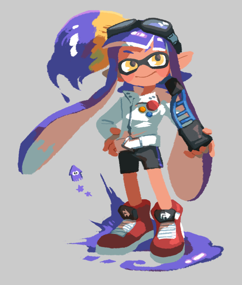1girl, badge, bangs, bike_shorts, blunt_bangs, button_badge, closed_mouth, dark_skin, dark-skinned_female, domino_mask, eyebrows_behind_hair, full_body, goggles, goggles_on_head, grey_background, hand_on_hip, highres, inkbrush_(splatoon), inkling, jacket, legs_apart, long_hair, long_sleeves, mask, nichi_(hibi_suimin), no_nose, over_shoulder, paint, paintbrush, pointy_ears, purple_hair, red_footwear, shoes, smile, solo, splatoon_(series), squid, standing, tentacle_hair, very_long_hair, white_jacket, yellow_eyes