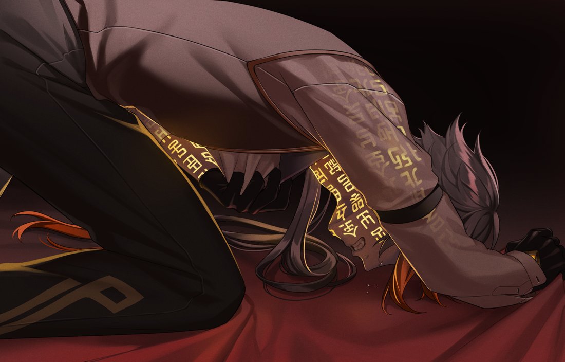 1boy, bangs, bent_over, black_background, black_gloves, black_hair, brown_hair, chisuke_1104