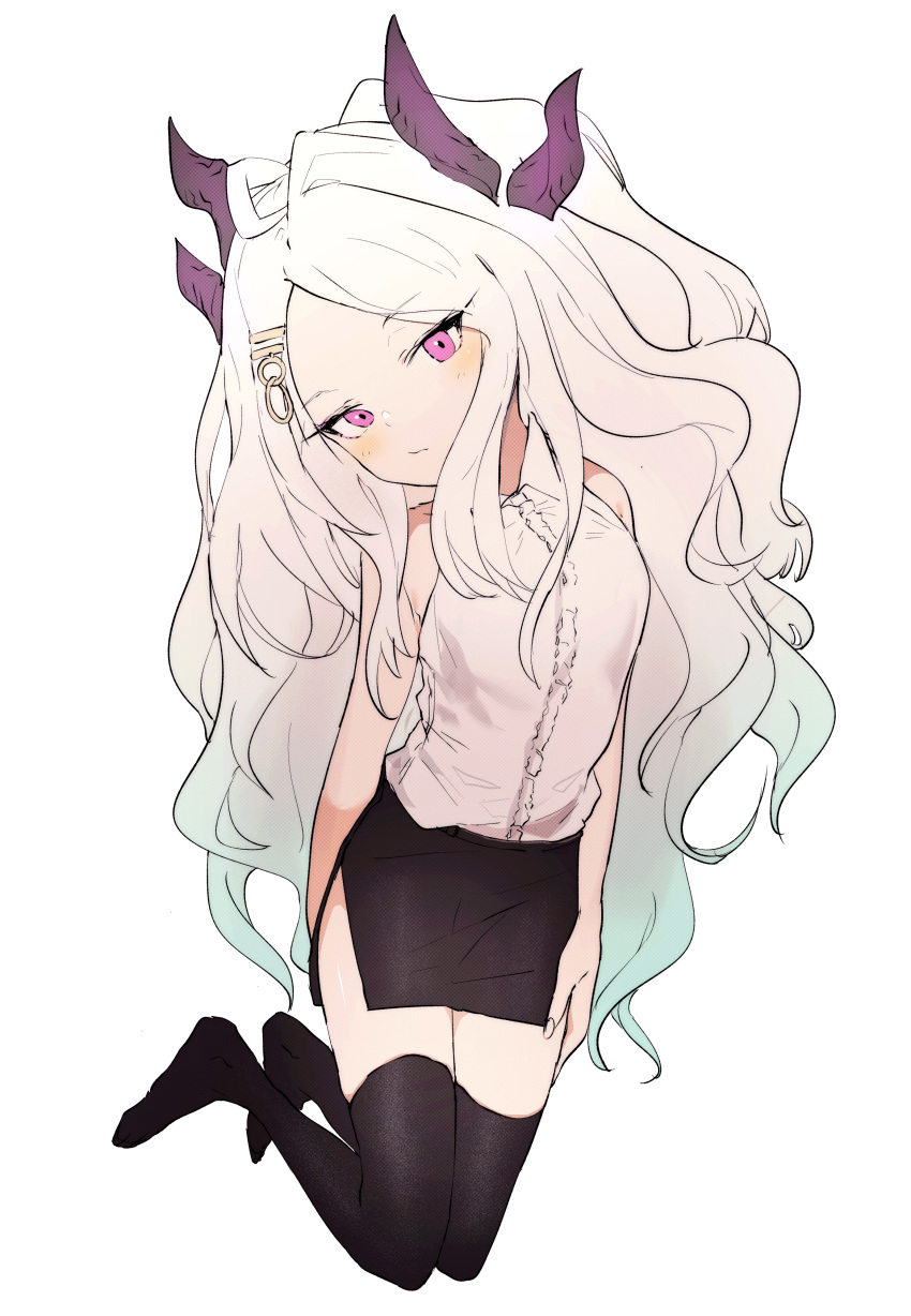 1girl, absurdres, arms_at_sides, big_hair, black_legwear, black_skirt, blue_archive, blush, closed_mouth, ddari, extra_horns, fingernails, full_body, gradient_hair, hair_ornament, hairclip, head_tilt, highres, hina_(blue_archive), horns, long_hair, looking_at_viewer, miniskirt, multicolored_hair, no_shoes, pencil_skirt, pink_eyes, shirt, simple_background, skirt, sleeveless, sleeveless_shirt, solo, thigh-highs, very_long_hair, white_background, white_shirt, zettai_ryouiki