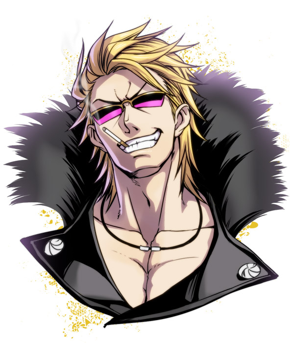 1boy, blonde_hair, cigarette, cropped_shoulders, fate/grand_order, fate_(series), feather_boa, head_tilt
