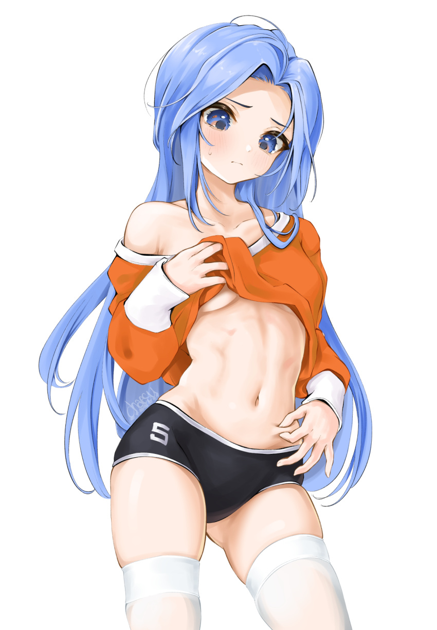 1girl, ass_visible_through_thighs, bare_shoulders, black_buruma, blue_eyes, blue_hair, breasts, buruma