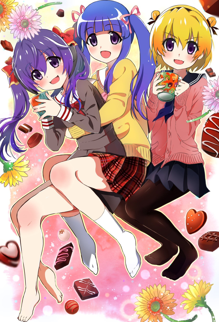 3girls, :d, alternate_costume, alternate_hair_length, alternate_hairstyle, arms_around_waist, bangs, barefoot