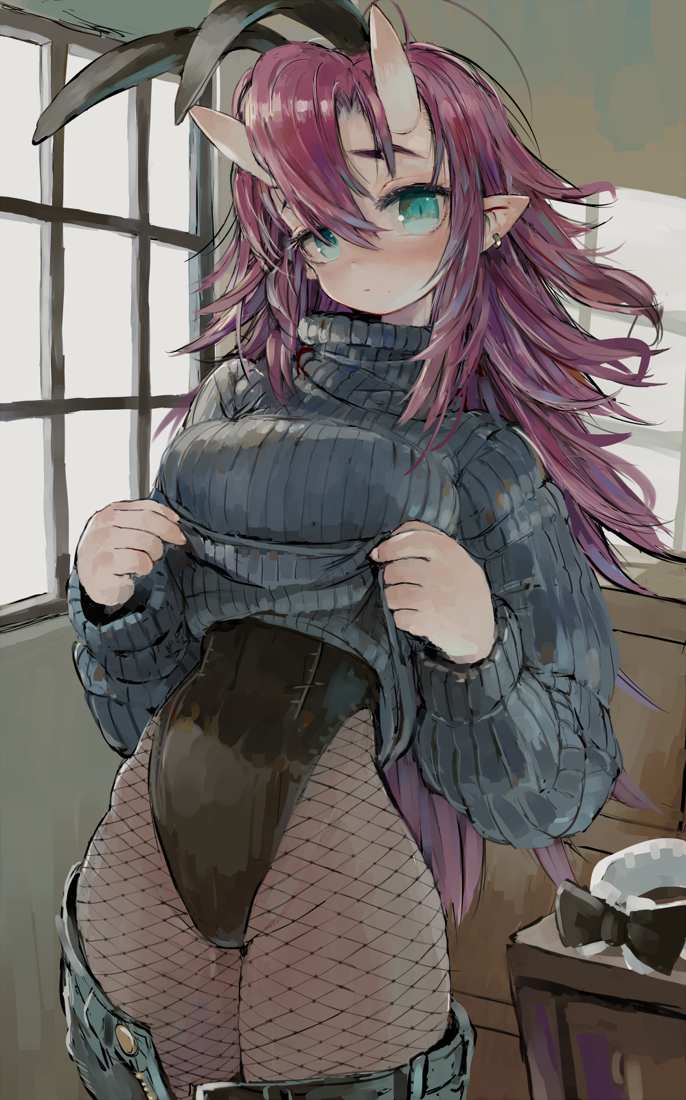 1girl, black_bow, black_leotard, black_neckwear, blue_eyes, blush, bow, bowtie, brown_legwear, closed_mouth, clothes_lift, collar_removed, covered_navel, cowboy_shot, denim, earrings, ebimomo, fishnet_legwear, fishnets, grey_sweater, hair_between_eyes, hands_up, head_tilt, highres, horns, indoors, jeans, jewelry, leotard, lifted_by_self, long_hair, long_sleeves, looking_at_viewer, messy_hair, neckwear_removed, oni_horns, original, pants, pantyhose, playboy_bunny, pointy_ears, purple_hair, ribbed_sweater, skin-covered_horns, solo, standing, sweater, sweater_lift, very_long_hair, window