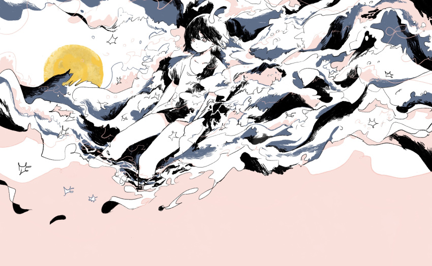 1girl, absurdres, black_hair, black_shirt, cropped_legs, expressionless, highres, limited_palette