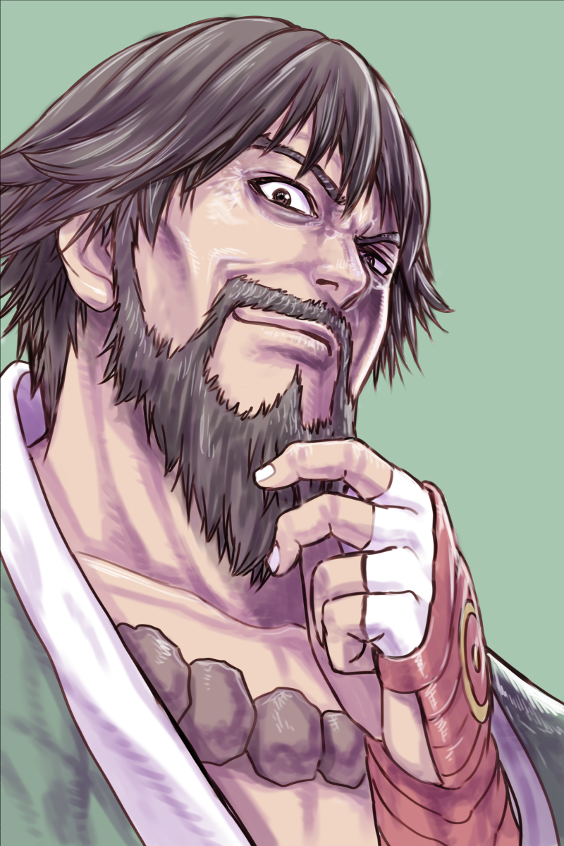 1boy, aoki_masahiko, bangs, beads, beard, brown_eyes, brown_hair, chin_stroking