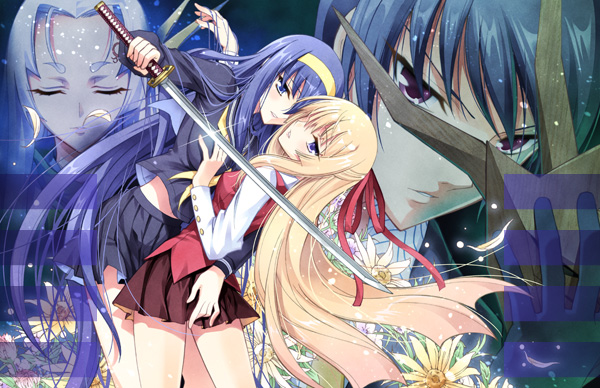 breasts, character_request, closed_eyes, flower, hair_ribbon, hairband, himegami_no_miko, hinomiya_himeko