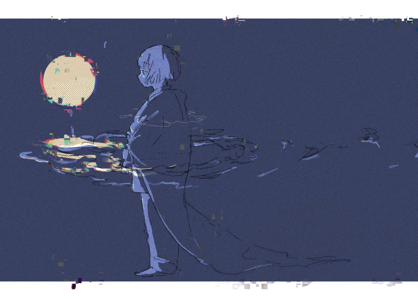 1girl, abstract, absurdres, barefoot, blanket, blue_background, border, glitch