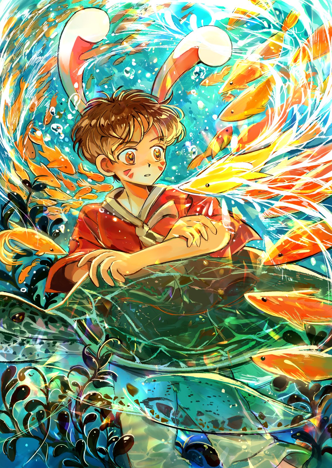 12anchovy, 1boy, animal_ears, brown_eyes, brown_hair, bubble, caustics, feet_out_of_frame