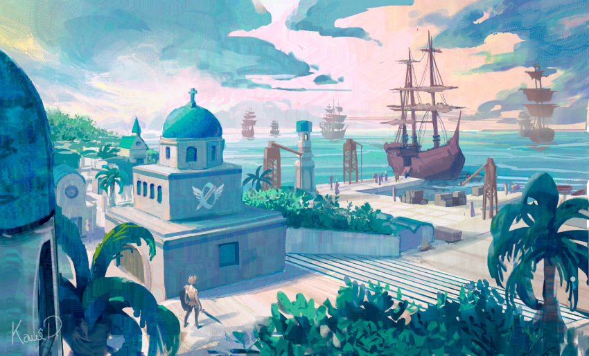6+others, architecture, boat, box, bush, clouds, commentary, crane_(machine)