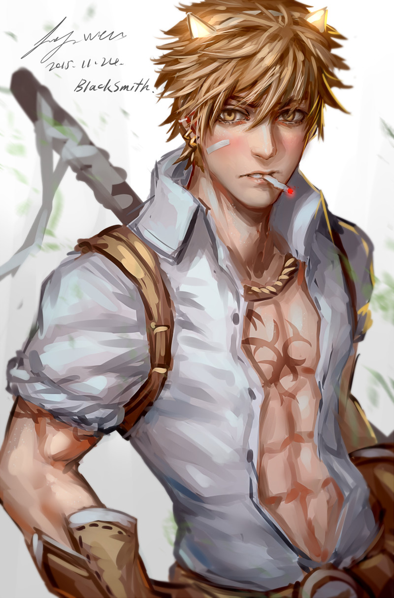 1boy, abs, animal_ears, axe, backpack, bag, bangs, belt