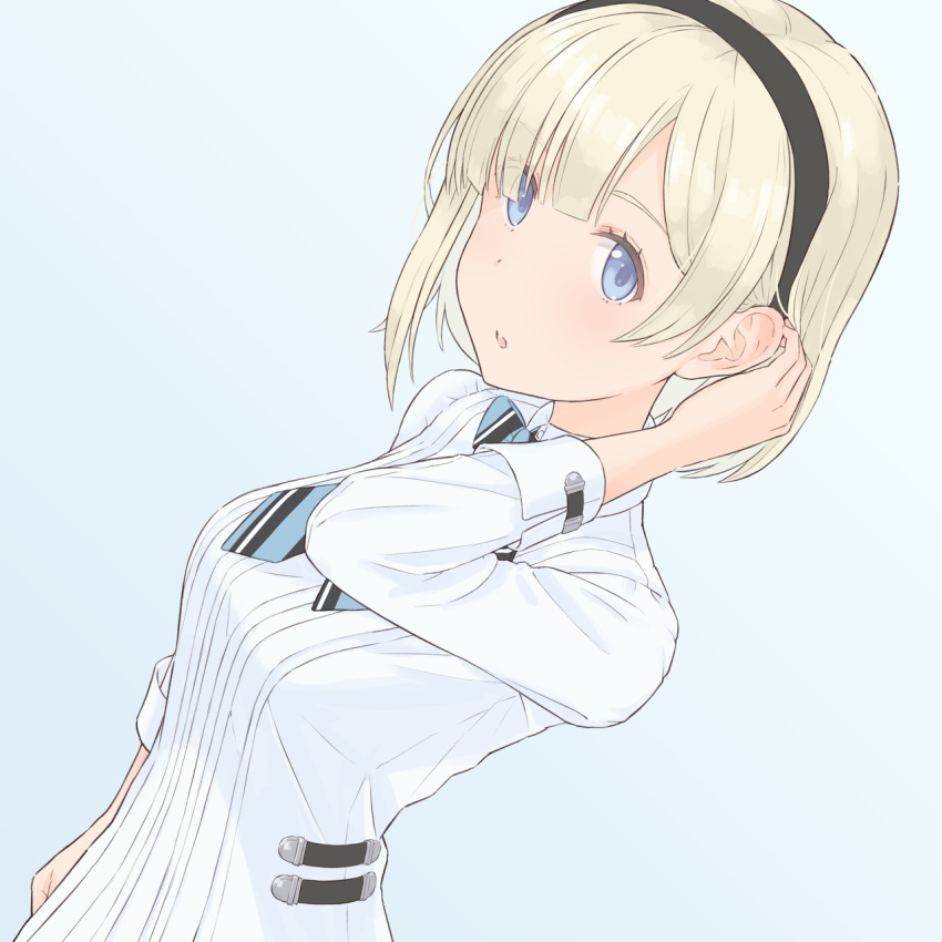 1girl, bangs, blonde_hair, blue_background, blue_eyes, blue_neckwear, blush, breasts