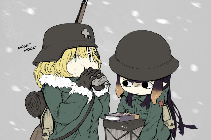 2girls, backpack, bag, black_eyes, black_gloves, blonde_hair, blue_eyes, blush