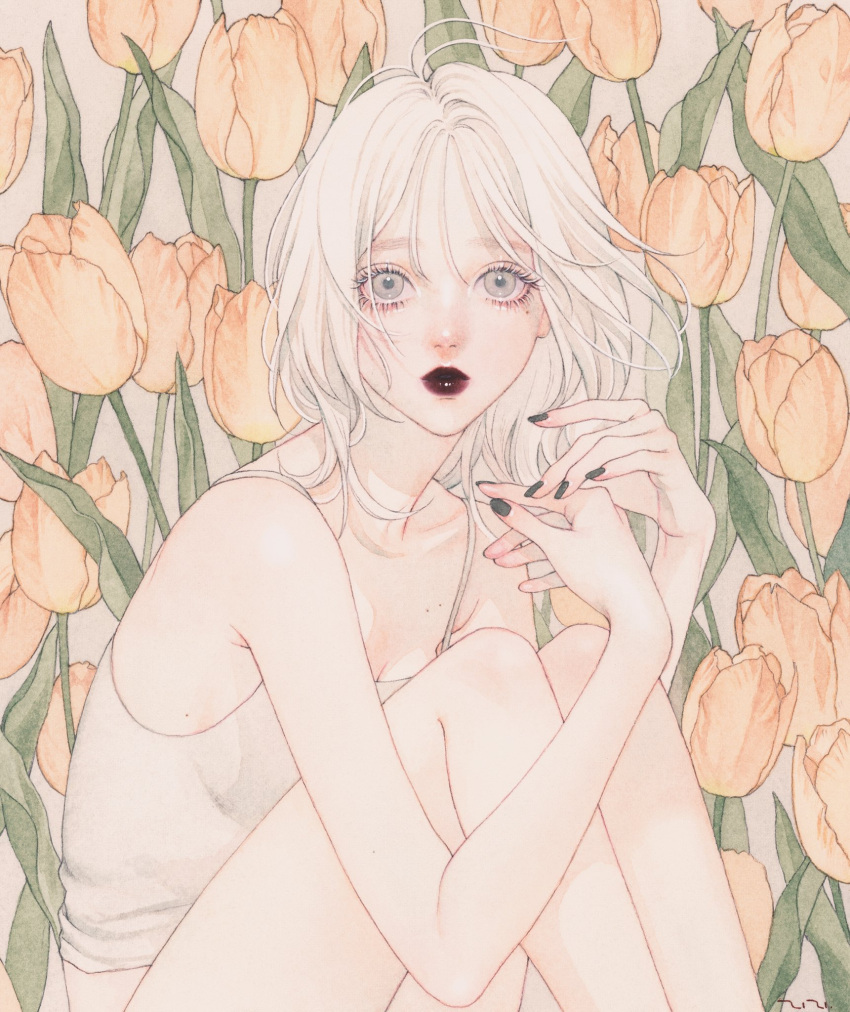 1girl, black_lips, black_nails, camisole, flower, grey_eyes, hands_up, highres