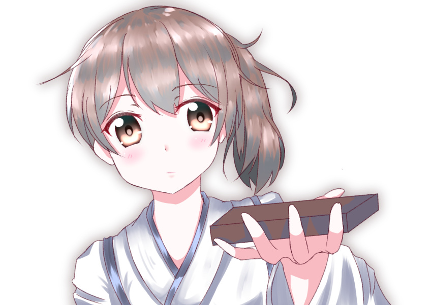 1girl, brown_eyes, brown_hair, candy, chocolate, chocolate_bar, commentary_request, food